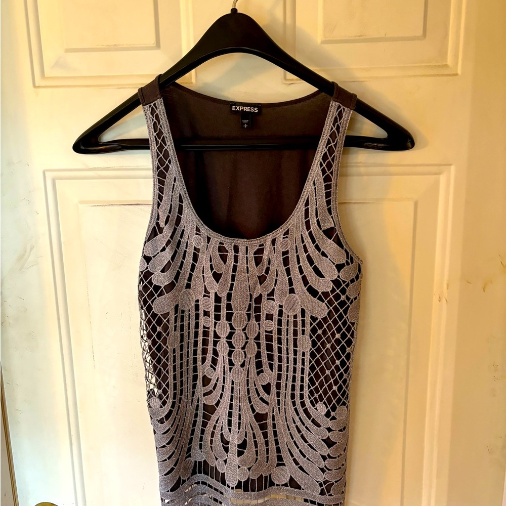 Express tank top. Size small. Dark tank top with pewter front overlay.